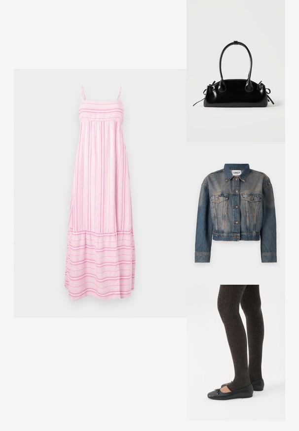 Modrá denimová bunda s krátkym strihom, obsahujúca dve náprsné vrecká, kovové gombíky a klasický golier. Po celej ploche s vyblednutou textúrou.; Hollister Co. BABYDOLL MAXI - Maxi šaty - light pink/white; Nohy v tmavých pásikavých legínach v kombinácii s čiernymi balerínkami s malými mašličkami na bielom pozadí.; Malá čierna lesklá kabelka s dvoma dlhými rúčkami a bočnými šnúrkovými detailmi na jednoduchom svetlom pozadí.