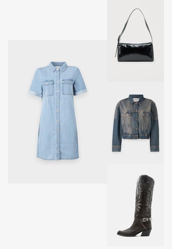 Blaue Jeansjacke mit verkürztem Design, ausgestattet mit zwei Brusttaschen, Metallknöpfen und einem klassischen Hemdkragen. Durchgehende verblasste Textur.; Helles blaues Denimkleid mit kurzen Ärmeln, Knopfleiste, zwei Brusttaschen und umgeschlagenen Ärmeln. Glatte Textur und geradliniger Schnitt.; Schwarzer Leder-Cowboystiefel mit dekorativen Ausschnitten, silberner Schnalle und schräger Ferse, auf weißem Hintergrund dargestellt.; Schwarze rechteckige Schultertasche mit einem verstellbaren Riemen und einem oberen Reißverschluss vor einfachem Hintergrund.