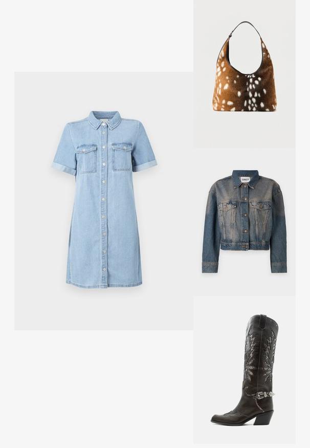 Blaue Jeansjacke mit verkürztem Design, ausgestattet mit zwei Brusttaschen, Metallknöpfen und einem klassischen Hemdkragen. Durchgehende verblasste Textur.; Helles blaues Denimkleid mit kurzen Ärmeln, Knopfleiste, zwei Brusttaschen und umgeschlagenen Ärmeln. Glatte Textur und geradliniger Schnitt.; Schwarzer Leder-Cowboystiefel mit dekorativen Ausschnitten, silberner Schnalle und schräger Ferse, auf weißem Hintergrund dargestellt.; Braune und schwarze Handtasche mit weiß gepunktetem Fellstruktur und einem einzelnen schwarzen Schulterriemen vor einfarbigem Hintergrund.