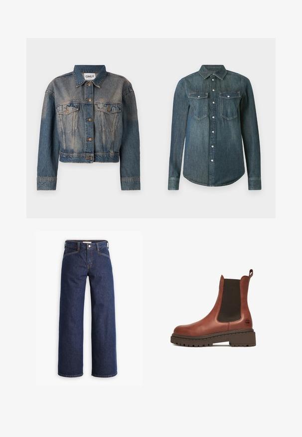 Veste en denim bleu avec une coupe crop, dotée de deux poches poitrine, de boutons en métal et d'un col de chemise classique. Texture délavée sur l'ensemble.; Chemise en denim bleu foncé à manches longues, boutonnée sur le devant avec deux poches poitrine à rabats et boutons.; Jeans en denim bleu marine avec taille haute, coupe large et broderies orange discrètes. Comprend une fermeture par bouton et zip à l'avant.; Botte Chelsea en cuir marron avec semelle épaisse, panneau latéral élastique, languette au talon et logo discret près de la semelle sur fond blanc.
