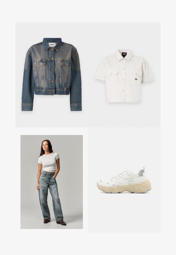 Blå denimjakke med en cropped design, der har to brystlommer, metalknapper og en klassisk skjortekrave. Faded tekstur gennem hele jakken.; Kortærmet, cropped hvid skjorte lavet af bomuld med to brystlommer, knap-lukning foran og et logo-patch på venstre lomme.; Lysblå denim brede bukser med falmede detaljer, høj talje og forlommer. Sat sammen med en tætsiddende hvid t-shirt med korte ermer og bordeauxfarvede sko.; Hvide sneakers med mesh og glat læderoverdel, der har en polstret krave, tekstureret gummisål og diskrete metalliske accenter.