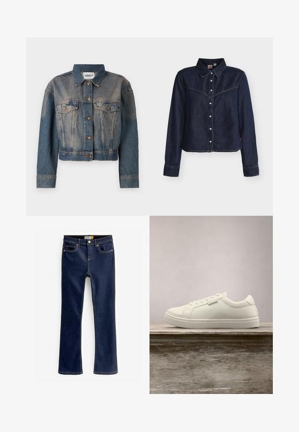 Blå denimjakke med en cropped design, der har to brystlommer, metalknapper og en klassisk skjortekrave. Faded tekstur gennem hele jakken.; Mørkeblå denimskjorte med lange ærmer og trykknapper, vestlig stil yoke, spids krave og lige kant mod hvid baggrund.; Bootcut blå jeans lavet af denim, med forlommer, synlige syninger og en let flared nederste kant. Ingen slid eller dekorationer.; Hvide lædersneakers med snørebånd svævende over en træbænk, grøn høj græs sløret i baggrunden udendørs.