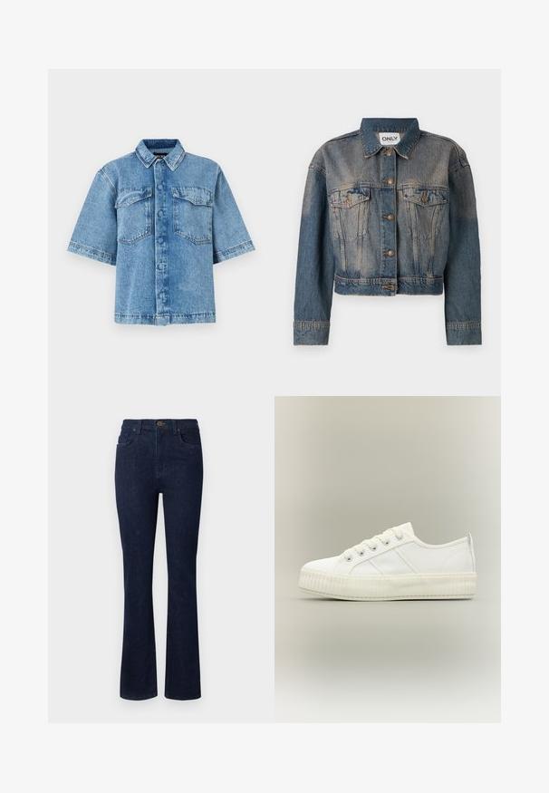 Veste en denim bleu avec une coupe crop, dotée de deux poches poitrine, de boutons en métal et d'un col de chemise classique. Texture délavée sur l'ensemble.; Chemise en denim à manches courtes de couleur bleu clair, dotée d'un col évasé, de deux poches poitrine et d'une fermeture à boutons sur le devant, avec une coupe décontractée et des coutures visibles.; Jean en denim bleu foncé avec un design à jambe évasée, cinq poches et une fermeture à boutons à la taille. Texture lisse avec des coutures minimales.; Baskets basses blanches avec semelle épaisse côtelée, lacets à l'avant et languette à l'arrière sur fond neutre.
