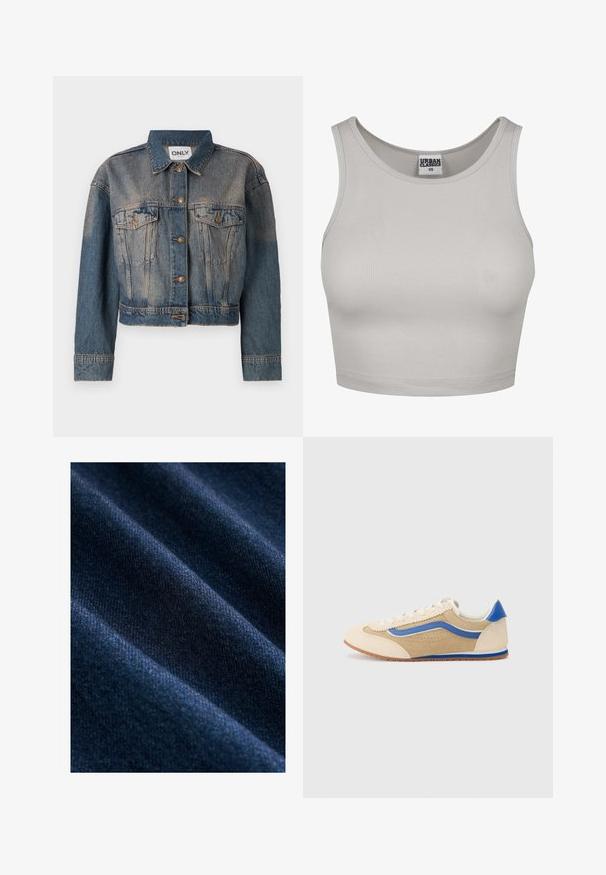 Sinine denim-jakk lühikese disainiga, millel on kaks rinna taskut, metallnupud ja klassikaline krae. Kõikjal on pleekinud tekstuur.; Heledhall ribidega lühike topp, ümmarguse kaelusega ja laiemate rihmadega, valmistatud elastsemast materjalist. Keskel on Urban Classicsi silt.; Tume sinine denimpind, millel on sile tekstuur, nähtavate diagonaalsetest kootud mustritest ning peenetest värvi ja läike erinevustest.; Heled hele suéde tennis jalanõud sinise küljeribaga ja kandmisel. Ümar nina, lame nöör ja perforatsioonid peal. Kummi välistald.
