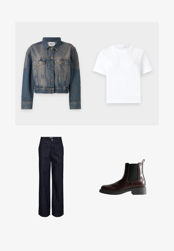 Blauwe spijkerjack met een cropped ontwerp, voorzien van twee borstzakken, metalen knopen en een klassieke overhemdkraag. Vervaagde textuur overal.; Effen witte katoenen T-shirt met korte mouwen, ronde hals en rechte zoom, getoond op een witte achtergrond.; Donkerblauwe rechte spijkerbroek met knoop- en ritssluiting, riemlussen en zichtbare stiksel details.; Bruine leren enkelboot met elastische zijpanelen, ronde neus en een gestructureerde zwarte rubberen zool. Heeft contrasterende stiksels en een lusje aan de achterkant.