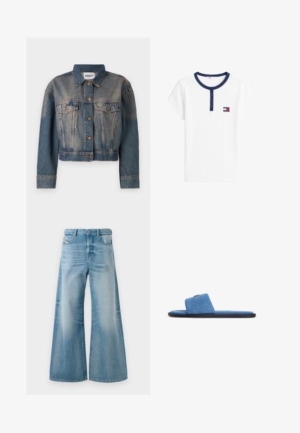 Blå denimjakke med en cropped design, der har to brystlommer, metalknapper og en klassisk skjortekrave. Faded tekstur gennem hele jakken.; Hvid ribstrikket kortærmet skjorte med mørkeblå rund hals, fir-knappet stolpelukning og lille rektangulært Tommy Jeans-logo på venstre bryst.; Lysblå denim jeans med brede ben, let falming og slid på forlommer, knaplukning og bæltestropper.; Blå denim slip-on sandal med bred rem og sort sål, vist fra siden på hvid baggrund.