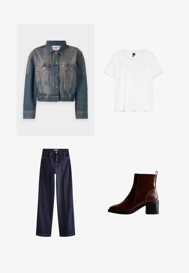 Blauwe spijkerjack met een cropped ontwerp, voorzien van twee borstzakken, metalen knopen en een klassieke overhemdkraag. Vervaagde textuur overal.; Witte t-shirt met korte mouwen en een ronde hals, gemaakt van lichte stof. Eenvoudig ontwerp, gladde textuur en rechte zoom.; Next Straight leg jeans - rinse blue; Bruin lederen enkellaars met een vierkante neus en zijnaad, een gestapelde hak van 7,5 cm en een lus aan de achterkant voor gemakkelijk aan- en uittrekken.