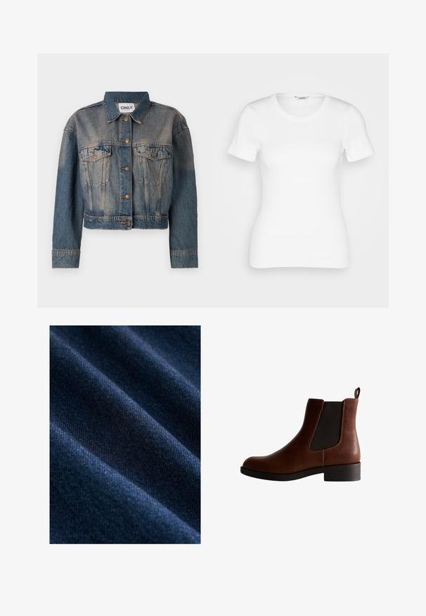 Blå denimjakke med en cropped design, der har to brystlommer, metalknapper og en klassisk skjortekrave. Faded tekstur gennem hele jakken.; Hvid bomulds T-shirt med korte ærmer, rund halsudskæring og ribbet tekstur. Tætsiddende design med en glat, ren finish.; Mørkeblå denimstof med en glat tekstur, der har synlige diagonale vævemønstre og subtile variationer i farve og glans.; Brun læder ankelstøvle med elastiske sidepaneler, rund tå og en lav blockhæl. Har kontrastsyngninger og en pull-tab.