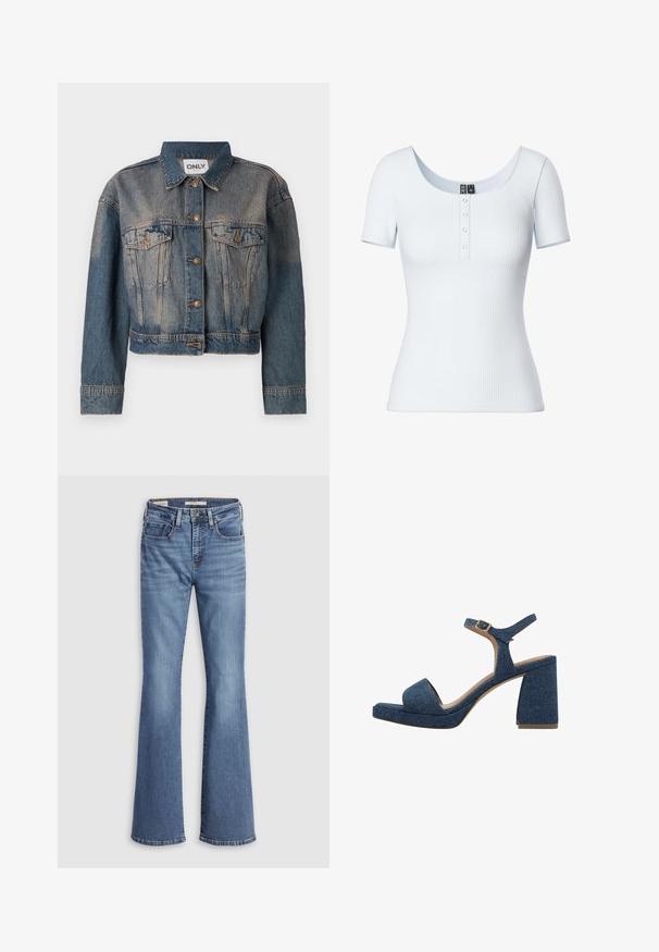 Blauwe spijkerjack met een cropped ontwerp, voorzien van twee borstzakken, metalen knopen en een klassieke overhemdkraag. Vervaagde textuur overal.; Lichtblauw geribbeld T-shirt met korte mouwen en een ronde halslijn, voorzien van een vijfknopenplacket aan de voorkant. Zachte, rekbare stof met een aansluitende pasvorm.; Lichtblauwe denim flare jeans met een hoge taille, voorzien van vijf zakken, contrasterende stiksels en een zachte textuur.; Denim blokhak sandalen met een enkelband, open teen en een gestructureerde blauwe stof bovenkant. Beschikt over een chunky hak voor stabiliteit.