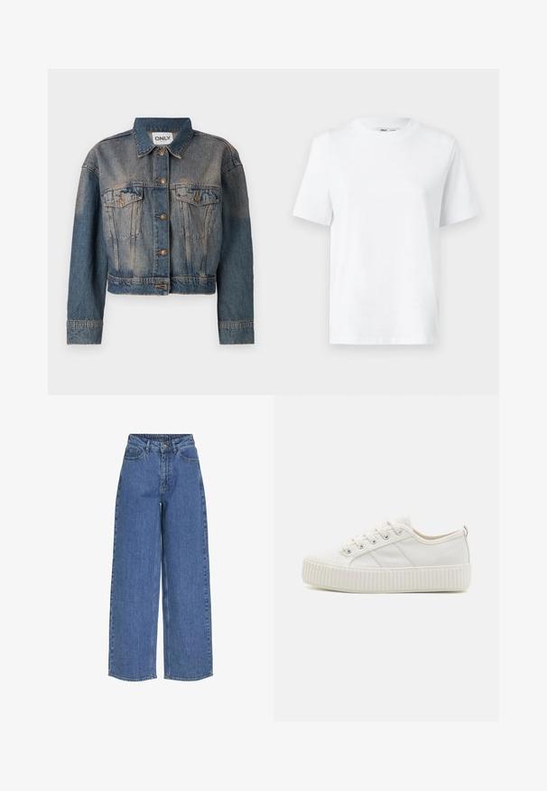 Sinine denim-jakk lühikese disainiga, millel on kaks rinna taskut, metallnupud ja klassikaline krae. Kõikjal on pleekinud tekstuur.; Valge puuvillane ümarakaelusega T-särk, millel on lühikesed varrukad ja sile tekstuur. Kujundatud mugava ja mitmekesise istuvuse jaoks.; Laia siniseid teksaseid, millel on kõrge vöökoht, mis on valmistatud denimitootest. Omavad esipurgid ja nupuga kinnitust. Klassikaline üksikdisain.; Valged kanvas tennis jalanõud, millel on tekstureeritud kummitald, ümar varvas ja nööpide külge kinnitamine, millel on kolm külgmist triipu.