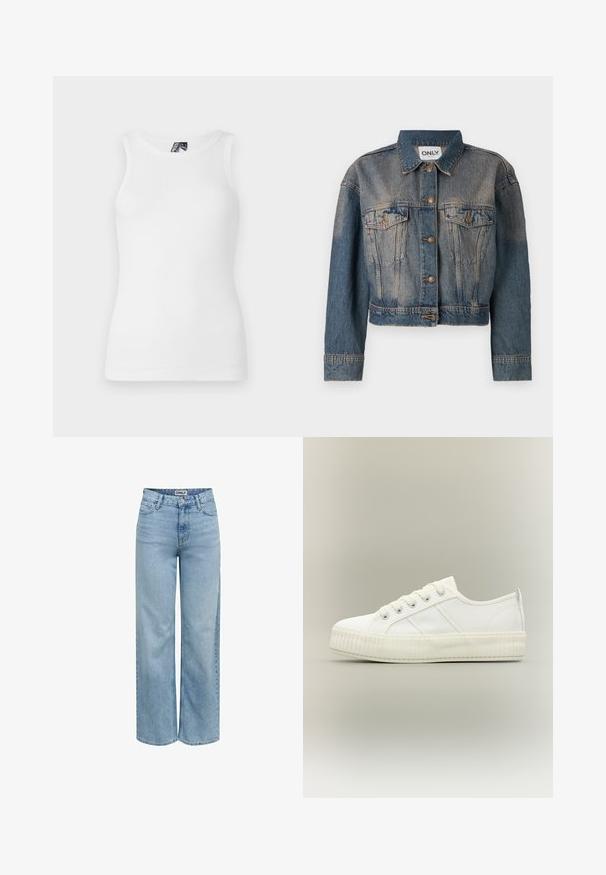 Chaqueta de mezclilla azul con un diseño recortado, que presenta dos bolsillos en el pecho, botones de metal y un clásico cuello de camisa. Textura desvanecida en toda la prenda.; Top de tirantes blanco con canalé, que presenta un escote redondo y un diseño sin mangas, hecho de una suave mezcla de algodón con una silueta ajustada.; Vaqueros de pierna ancha de tiro alto en azul claro con botón frontal, cremallera y diseño de cinco bolsillos, con la etiqueta "ONLY" en la cintura interior.; Zapatilla deportiva blanca de caña baja con suela gruesa acanalada, cordones delanteros y tira para tirar en el talón sobre un fondo neutro.