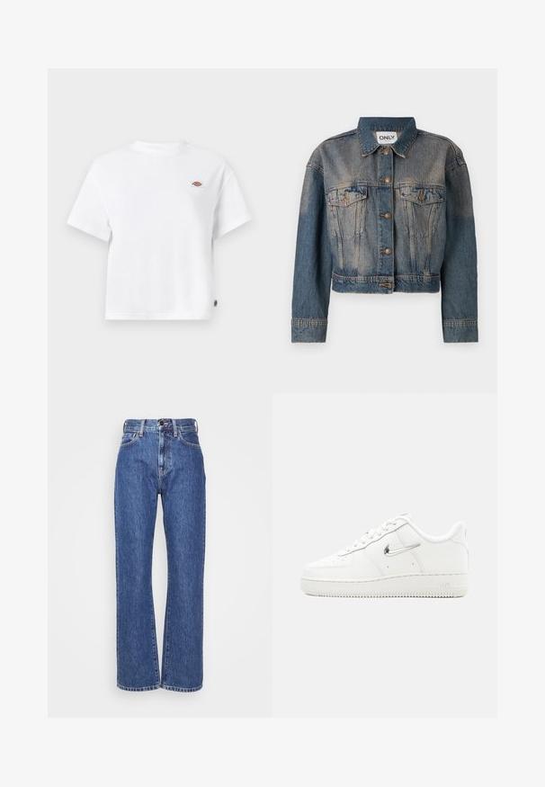 Blauwe spijkerjack met een cropped ontwerp, voorzien van twee borstzakken, metalen knopen en een klassieke overhemdkraag. Vervaagde textuur overal.; Witte katoenen T-shirt met een relaxte pasvorm, voorzien van een klein logo-opdruk op de borst en een label aan de zijkant voor een extra detail.; Blauwe denim jeans met een wijde pijp, hoge taille, contrasterende stiksels en klassiek vijf-pocket ontwerp. Gestructureerde stof met een gladde afwerking.; Witte Nike Air Force 1 sneaker met metallic zilveren swoosh-logo, veters aan de voorkant, geperforeerde neus en textuurrubberzool.