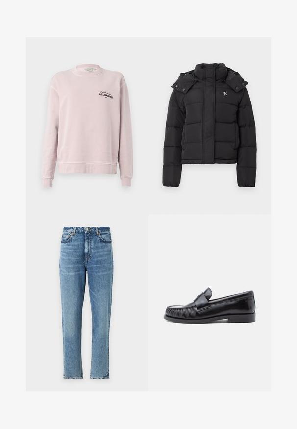 Schwarze Pufferjacke mit hohem Kragen, abnehmbarem Kapuzenschild mit Druckknöpfen und kleinem weißen "CK"-Logo auf der linken Brust.; Hellrosa Sweatshirt mit langen Ärmeln, Rundhalsausschnitt, gerippten Bündchen und schwarzem Schriftzug "Infinite Summer ALLSAINTS London" auf der linken Brust.; Hellblaue Denim-Jeans mit hoher Taille, geradem Bein Design und verblasster Textur. Mit silbernem Hardware und kontrastierenden Nähten.; Schwarze Leder-Loafer mit abgerundetem Zehenbereich, markanter Naht und einem dekorativen Riemen über dem Vorderblatt. Glatte Oberfläche und niedriger Absatz.