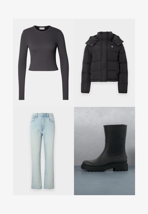 Chaqueta de plumas negra con alto cuello, capucha desmontable con botones a presión y pequeño logo blanco "CK" en el pecho izquierdo.; Top corto de manga larga en tela de canalé gris oscuro con cuello redondo y un pequeño parche de logo en el dobladillo. Textura suave, diseño ajustado.; Vaqueros azul claro de tiro alto y pierna recta con botón frontal, trabillas para cinturón y diseño clásico de cinco bolsillos sobre un fondo liso.; Bota de tobillo de cuero negro mate con suela gruesa y dentada, suspendida sobre baldosas de madera cuadradas y pequeñas piedras grises al aire libre.