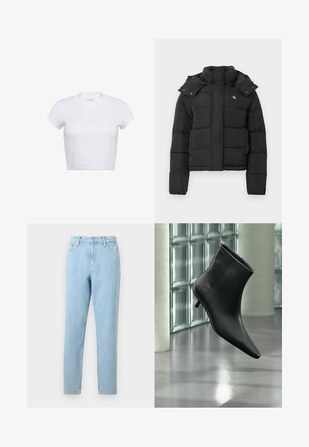 Chaqueta de plumas negra con alto cuello, capucha desmontable con botones a presión y pequeño logo blanco "CK" en el pecho izquierdo.; Camiseta blanca recortada de manga corta con textura acanalada. Presenta un cuello redondo y un sutil logo "Calvin Klein" en color claro en el frente.; Pantalones vaqueros de denim azul claro con un corte recto, diseño de cinco bolsillos y cierre de botones. Presentan un ligero desvanecimiento y una textura suave.; Botín negro de cuero con punta puntiaguda y tacón bajo estilo kitten, mostrado en ángulo sobre un suelo pulido y con una pared de bloques de vidrio de fondo.