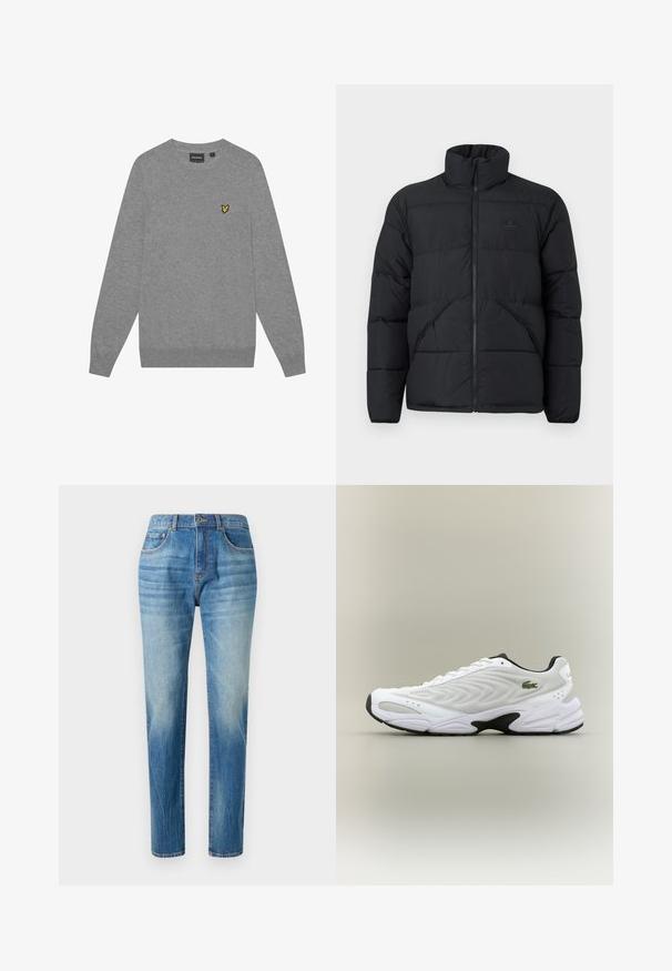 Doudoune noire avec un col haut, fermeture éclair sur le devant et un design matelassé. Comprend des panneaux horizontaux et un patch logo sur la poitrine.; Pull gris à manches longues, col rond et poignets côtelés. Présente un petit logo brodé jaune sur la poitrine gauche. Fabriqué en tissu doux.; Jean en denim bleu clair, coupe droite, avec taille haute, décoloration subtile et style classique à cinq poches. Fermeture à bouton en métal.; Baskets de sport blanches avec un dessus en mesh texturé, un design courbé et une semelle noire contrastante. Présente un logo brodé vert sur le côté.