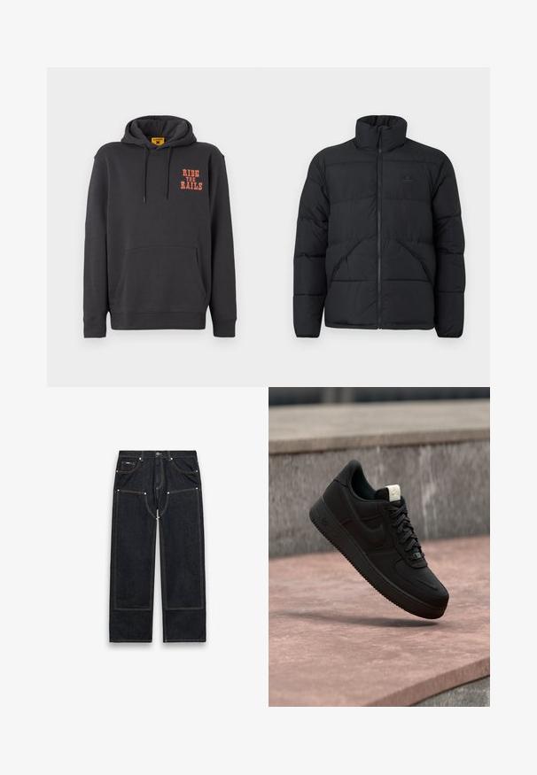 Sort puffjakke med høj krave, frontlukning med lynlås og quiltet design. Har horisontale paneler og et logo-patch på brystet.; Grå hættetrøje med kængurulomme, snørehætte og orange "RIDE THE RAILS" tekst på brystet. Blødt stof med en glat tekstur.; Sorte denimjeans med lige ben, forstærkede knælapper, synlige gule sømme, lommer foran og bagpå samt knaplukning i taljen.; Sort Nike Air Force 1 sneaker, der svæver over en lyserød betonforkant med en grå stenet baggrund, som viser sidde- og topdetaljer.