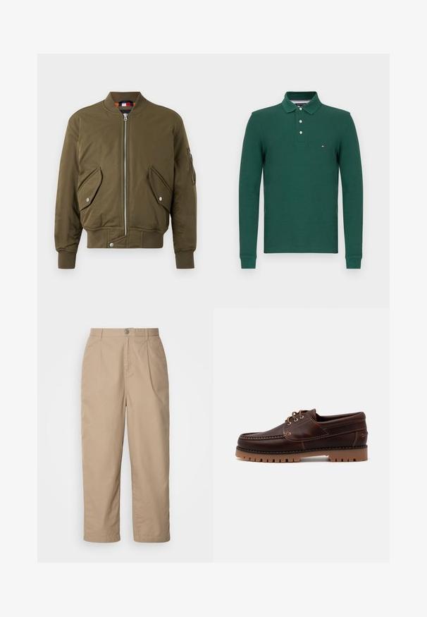 Olivovo zelená bomber bunda s obojsmerným zipsom, ribbed golierom, bočnými vreckami a textúrovanou tkaninou so hladkým povrchom.; Tmavozelená polo košeľa s dlhým rukávom, tri biele gombíky a malý obdĺžnikový logo na ľavej hrudi.; Béžové, ľahké bavlnené nohavice s plisovaným predným dielom, zapínaním na gombík a rovnými nohavicami, s hladkou textúrou a bez viditeľných vzorov.; Hnedé kožené člunkové topánky s detailami prešívania, šnurovací dizajn a robustná gumová podrážka s textúrovanými vzormi pre lepšiu trakciu.