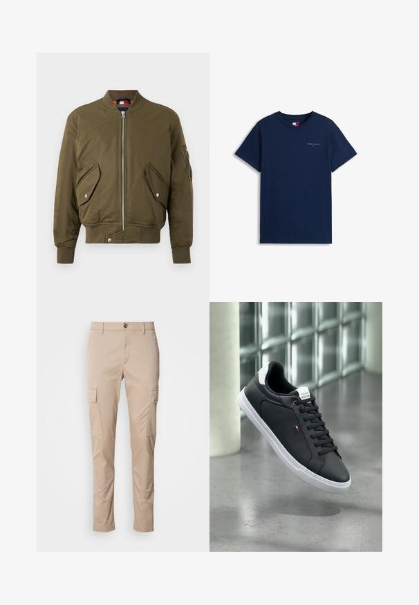 Olivgrüne Bomberjacke mit Reißverschluss, geripptem Kragen, seitlichen Taschen und einem strukturierten Stoff mit glatter Oberfläche.; Marineblaues T-Shirt mit kurzen Ärmeln und Rundhalsausschnitt, mit kleinem weißen "Tommy Jeans"-Logo und rotem, weißem und blauem Flaggenemblem auf der Brust.; Beige Cargo-Hosen mit zwei seitlichen Taschen, slim fit, aus leichtem Stoff, mit einem Knopfverschluss vorne und Gürtelschlaufen.; Schwarzer Sneaker mit niedrigem Schnitt, weißer Sohle und Fersenlasche, schwarzen Schnürsenkeln und kleinem Tommy Hilfiger Logo an der Seite, positioniert in einem modernen Innenraum.
