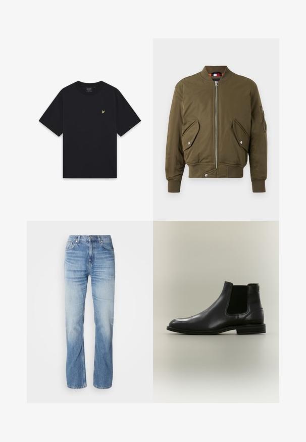 Λαδί bomber jacket με φερμουάρ, ριμπ λαιμόκοψη, πλαϊνές τσέπες και υφή υφάσματος με λεία επιφάνεια.; Μαύρο κοντομάνικο μπλουζάκι με στρογγυλή λαιμόκοψη και μικρό κίτρινο λογότυπο πουλιού στο αριστερό στήθος.; Ανοιχτού μπλε τζιν παντελόνι με ίσια γραμμή, απαλή φινιρίσματα, πέντε τσέπες και κούμπωμα με κουμπί. Κλασικός σχεδιασμός και μέτρια πάχους.; Μαύρο δερμάτινο μποτάκι Chelsea με ελαστικό πλαϊνό πάνελ και χαμηλό τακούνι, εμφανίζεται από την εξωτερική πλευρά σε ουδέτερο φόντο.