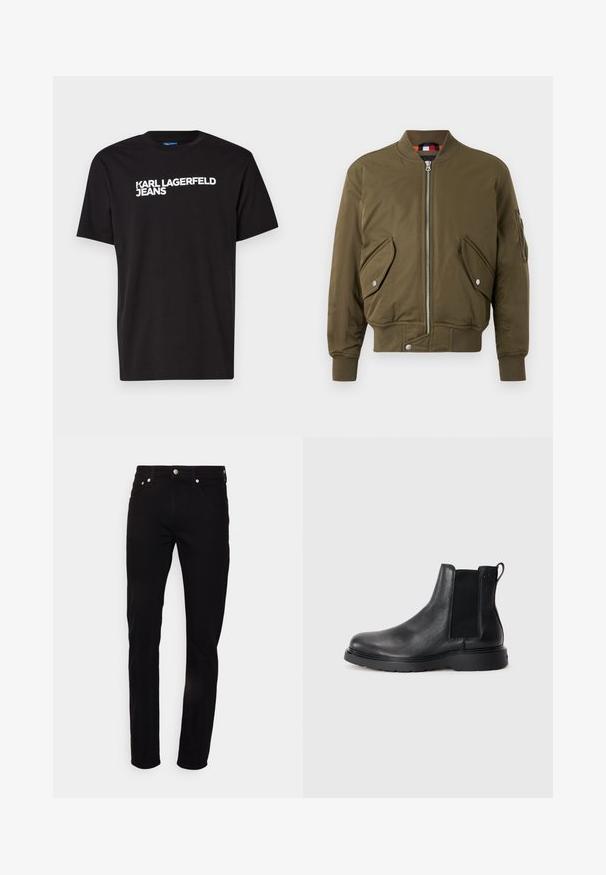 Olivovo zelená bomber bunda s obojsmerným zipsom, ribbed golierom, bočnými vreckami a textúrovanou tkaninou so hladkým povrchom.; Čierne bavlnené tričko s krátkymi rukávmi a okrúhlym výstrihom, s bielym textom "KARL LAGERFELD JEANS" diagonálne napísaným na prednej strane.; Čierne rovné džínsy s prednými vreckami, pútkami na opasok a zapínaním na gombík na jednofarebnom bielom pozadí.; Čierne kožené chelsea čižmy s textúrovaným povrchom, elastickými bočnými panelmi a pevným gumovým podpätkom. Diskrétny branding na päte.