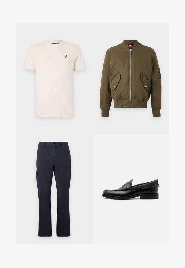 Olivgrüne Bomberjacke mit Reißverschluss, geripptem Kragen, seitlichen Taschen und einem strukturierten Stoff mit glatter Oberfläche.; Beige kurzärmeliges T-Shirt mit Rundhalsausschnitt und kleinem gelbem Vogel-Logo auf der linken Brust, vor einfarbigem Hintergrund dargestellt.; Marineblaue Cargo-Hosen aus Baumwollmischung, mit seitlichen Taschen, geradem Schnitt und flacher Vorderseite mit Knopfverschluss.; Schwarzer Leder-Herrenschuh mit Mokassinnaht, Penny-Riemen, strukturiertem Kragen und niedrigem gestapeltem Absatz auf weißem Hintergrund.