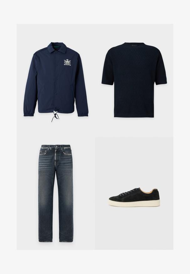 Marineblauwe jas met kraag, knoopsluiting aan de voorkant, elastische manchetten, zijzakken, trekkoord in de zoom en wit geborduurd schild op de linkerborst.; Donker marineblauw gebreid topje met korte mouwen, gestructureerd zigzagpatroon en geribde ronde halslijn, manchetten en zoom.; Donkerblauwe spijkerbroek met een relaxed fit, met subtiele vervaging, een rechte pijp en een klassiek vijf-pocket ontwerp.; Zwarte suède sneakers met een laag ontwerp, bijpassende veters, een crèmekleurige rubberen zool met textuur en een minimalistische silhouet.