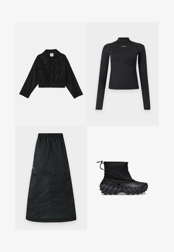 Schwarze cropped Jacke aus glattem Stoff; mit einem Kragen, durchgehendem Reißverschluss, zwei Brusttaschen und elastischen Bündchen an Saum und Ärmeln.; Schwarzes, langärmliges, tailliertes Oberteil mit Stehkragen und weißem "LeGer"-Logo, das mittig auf der Brust vor einem weißen Hintergrund sitzt.; Schwarzer sportlicher Rock aus leichtem, glattem Nylonstoff. Verfügt über einen elastischen Bund und ein schlichtes, langes, A-förmiges Design.; Schwarze Knöchelboots mit einem weichen Textiloberteil und einer strukturierten, welligen Gummisohle. Mit einem Reißverschluss und einem verstellbaren Kordelzug für einen sicheren Sitz.