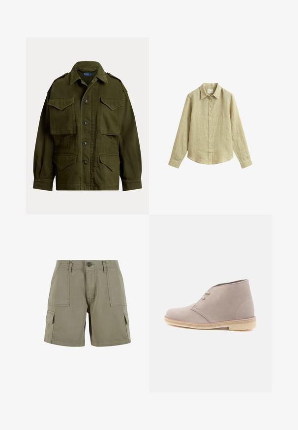 Olivengrøn militærinspireret jakke med knapper foran, fire klaplommer og skulderklapper, kraven er slået ned.; Beige langærmet linskjorte med krave og knapper foran, lagt fladt på en hvid baggrund.; Khaki cargo shorts lavet af letvægtsbomuld med to sidelommer, en front knaplukning og lige snit.; Lyse beige ørkenstøvle i ruskind med to snørehuller og crepesål, vist i profil mod en ensfarvet hvid baggrund.