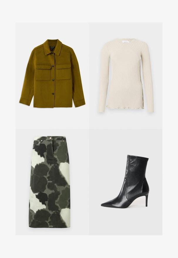 Olivgrüne Woll-Mischjacke mit Kragen, zwei Brusttaschen und schwarzen Knopfverschlüssen. Verfügt über gerade geschnittene Ärmel und einen sauberen Abschluss.; Rabanne Langarmshirt - ecru; Cargohosenrock mit Camouflage-Muster in Dunkelgrün und Schwarz, mit hoher Taille, vier Taschen und metallic Akzenten. Mittellang und gerade geschnitten.; Schwarze Stiefeletten aus glattem Leder, mit einer spitzen Zehe, schmalem Schaft und schlanker, hoher Ferse. Minimalistisches Design ohne sichtbare Beschläge.