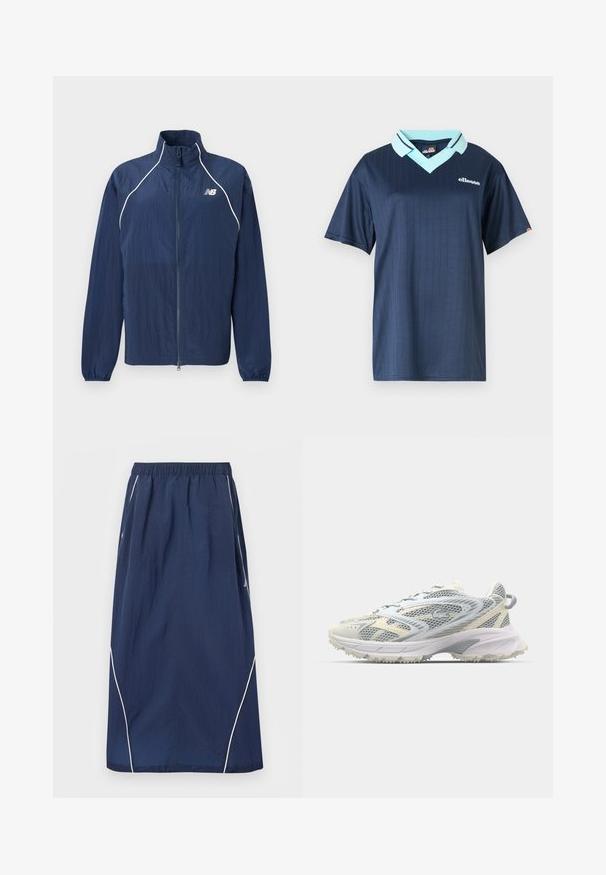 Chaqueta cortavientos azul marino, con cuello alto, cremallera de longitud completa, puños elásticos y detalles reflectantes blancos a lo largo de las costuras.; Polo de manga corta azul marino con cuello azul claro y patrón de rayas verticales. Cuenta con un logo de la marca en blanco en el pecho.; Falda larga azul marino con cinturilla elástica y detalles de ribete blanco a lo largo de los lados y los bordes inferiores.; Zapatilla deportiva de malla en gris y crema, con parte superior texturizada, puntera reforzada y suela exterior de color claro y resistente para mayor tracción.