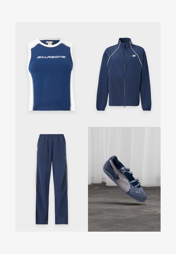 Veste coupe-vent bleu marine, dotée d'un col montant, d'une fermeture éclair longue, de poignets élastiques et d'accents blancs réfléchissants le long des coutures.; Débardeur de sport bleu sans manches avec panneaux latéraux blancs et col, avec le logo "BILLABONG" en blanc sur la poitrine.; Pantalon léger bleu marine avec taille élastique, poches latérales et bandes blanches le long des coutures extérieures des jambes.; Chaussure plate Puma bleue et grise avec trois brides élastiques, panneau latéral texturé, et logo Puma blanc, en suspension au-dessus d'un sol en béton.