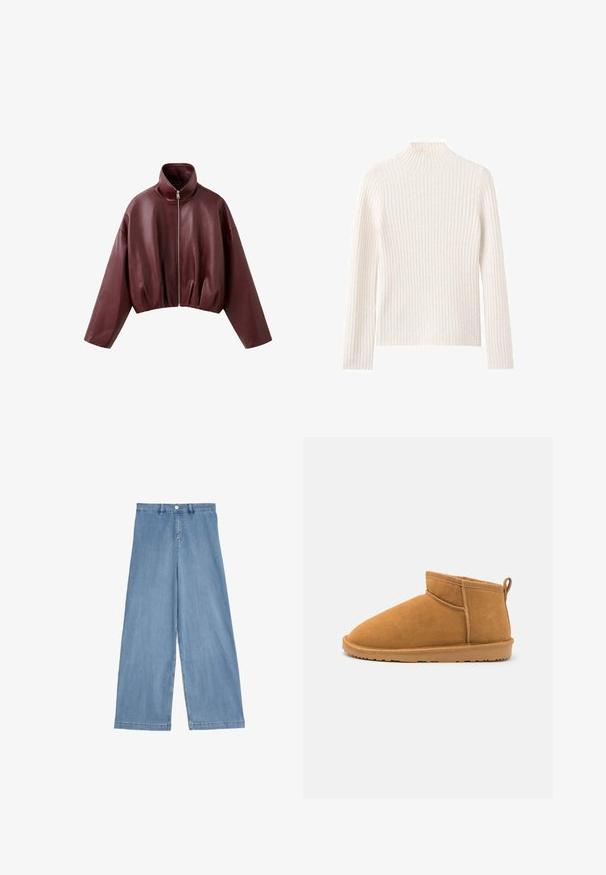 Donkerbruine leren korte jas met lange mouwen, hoge kraag en ritssluiting aan de voorkant.; Geribbelde coltrui in off-white, gemaakt van zachte gebreide stof. Heeft lange mouwen en een aansluitend silhouet.; Lichtblauwe wijde denimjeans. Met een hoge taille, voorknopsluiting en recht gesneden benen met een schone zoom.; Suède enkelboot in tan met een ronde neus, gestikte accenten en een lusje aan de hiel. Platter rubberen zool voor stabiliteit.