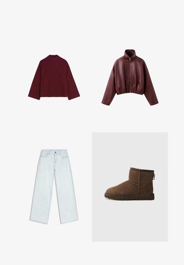 Veste courte en cuir marron foncé avec manches longues, col montant et fermeture éclair à l'avant.; Pull en tricot bordeaux avec un col montant à côtes, des manches larges et un ourlet côtelé. Texture douce et coupe décontractée, adapté pour le superposition.; Jean bleu clair à jambes larges avec fermeture à boutons et fermeture éclair sur le devant, passants pour ceinture et style cinq poches, posé à plat sur un fond blanc.; UGG CLASSIC MINI II - Bottes de neige - dusted cocoa