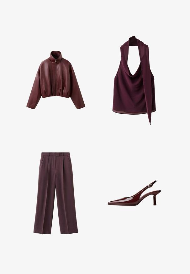 Veste courte en cuir marron foncé avec manches longues, col montant et fermeture éclair à l'avant.; Haut sans manches en chiffon violet foncé avec encolure bénitier drapée et long détail d'écharpe attachée.; Pantalon taille haute à jambes larges en prune foncé avec poches latérales et plis à l'avant, adapté pour une tenue formelle ou décontractée.; Pompe slingback en cuir verni bordeaux avec un bout pointu, un talon kitten de hauteur moyenne et une sangle à boucle en argent sur fond blanc.