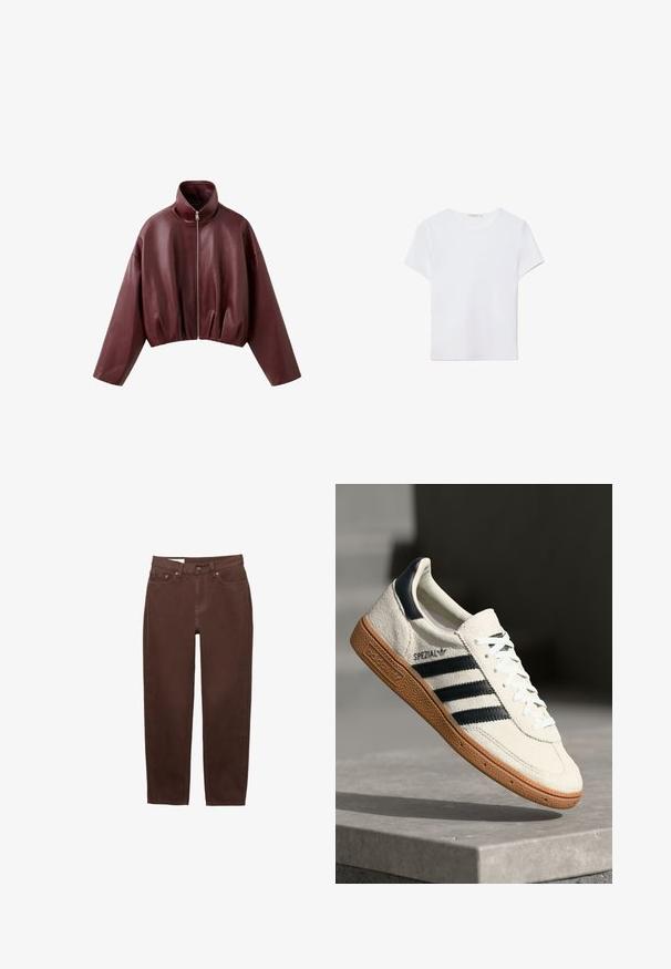 Mørkebrun læderkort jakke med lange ærmer, høj krave og lynlåslukning foran.; Hvid kortærmet t-shirt lavet af blødt stof. Har en rund halsudskæring og et simpelt, rent design med en lige underkant.; Brune jeans med lige ben, frontknap, lynlåslukning og femlomme-design på hvid baggrund.; Hvide ruskinds sneakers med marineblå striber, gummisål, struktureret overdel, rund tå og snøring; har branding på siden og tungen.