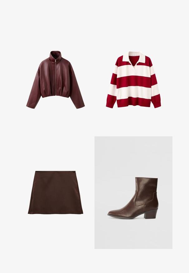 Veste courte en cuir marron foncé avec manches longues, col montant et fermeture éclair à l'avant.; Chemise de rugby à manches longues avec de larges rayures horizontales rouges et blanches et un col blanc sur un fond blanc.; Jupe en A marron en tissu doux, présentant une texture lisse et une fermeture éclair latérale dissimulée.; Bottine en cuir marron à bout pointu, talon moyen bloc et panneaux latéraux élastiques pour un enfilage facile. Texture lisse et design élégant.