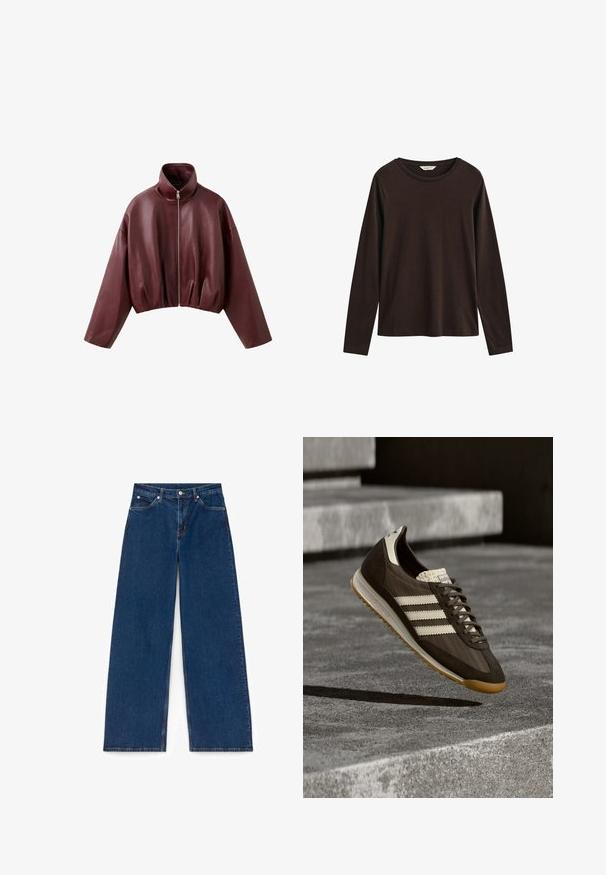 Veste courte en cuir marron foncé avec manches longues, col montant et fermeture éclair à l'avant.; T-shirt marron foncé à manches longues avec col rond, coupe classique et sans motifs ni logos visibles, à l'exception d'une petite étiquette au niveau du cou.; Jean large en denim bleu foncé avec poches avant, passants pour ceinture, fermeture à boutons et coutures visibles sur fond blanc.; Chaussure de sport marron avec des rayures beige clair, en suède et mesh, dessus texturé, design à lacets et semelle en caoutchouc naturel.