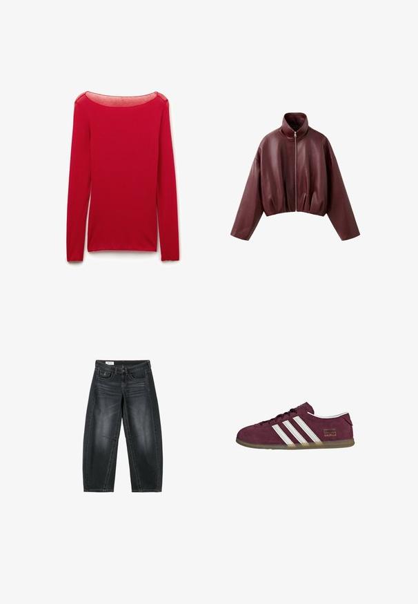 Dunkelbraune, kurze Lederjacke mit langen Ärmeln, hohem Kragen und vorderem Reißverschluss.; Rotes, figurbetontes Langarmtop mit transparentem rundem Ausschnitt, flach auf weißem Hintergrund präsentiert.; Schwarze, weit geschnittene, verkürzte Jeans mit vorderen Taschen, Knopfleiste und dezenten Verblassungsdetails an Oberschenkeln und Knien.; Sneaker aus kastanienbraunem Wildleder mit weißen Streifenakzenten, abgerundetem Zehenbereich und einer Laufsohle aus Kaugummirubber. Verfügt über ein Logoetikett an der Außenseite.