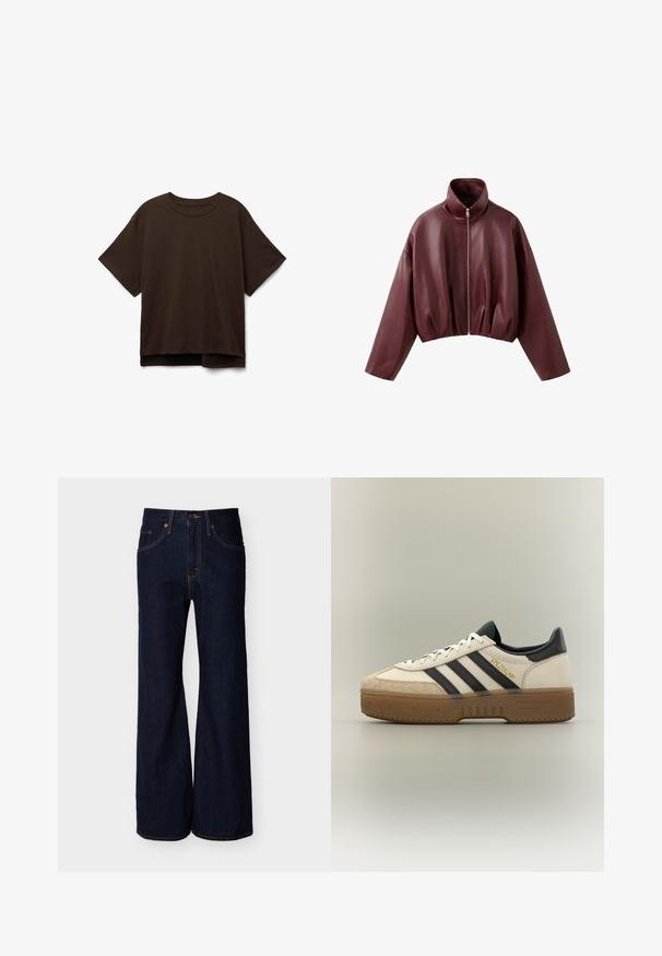 Chaqueta corta de cuero marrón oscuro con mangas largas, cuello alto y cierre frontal con cremallera.; Camiseta de manga corta marrón en suave material de algodón. Cuello redondo, ajuste holgado y un dobladillo trasero ligeramente más largo. Textura suave, sin patrones.; Pantalones de mezclilla azul oscuro con cintura alta, corte de pierna ancha, bolsillos delanteros, cierre de botón y cremallera.; Zapatilla blanca Adidas con rayas negras, puntera de ante beige, suela marrón y "SPEZIAL" en letras doradas en el lateral.