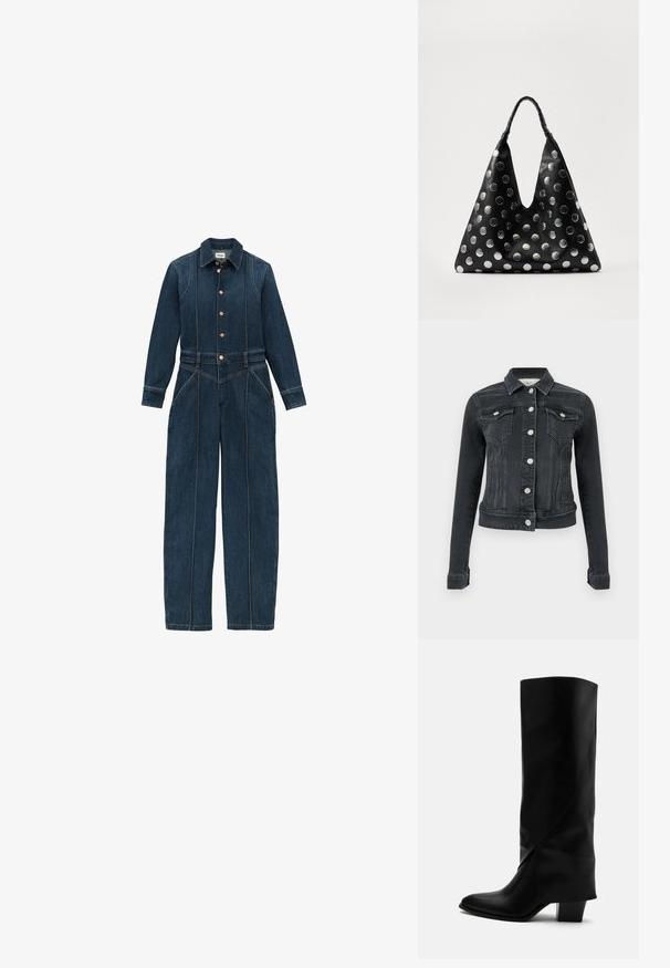 Sort denimjakke med lange ærmer, frontknaplukning, to brystlommer med klap og sidelommer med åbning, vist på en ensfarvet baggrund.; Mørkeblå denim jumpsuit med lange ærmer, knaplukning foran, klassisk krave og brede ben. Distinkte syninger hele vejen igennem.; Høj sort læderstøvle med skråt syning, spids tå og kraftig mellemhøj hæl på hvid baggrund.; Sort lædertaske med en trekantet form, udstyret med sølvfarvede metallic prikker og et tekstureret håndtag. Generelt glat finish.