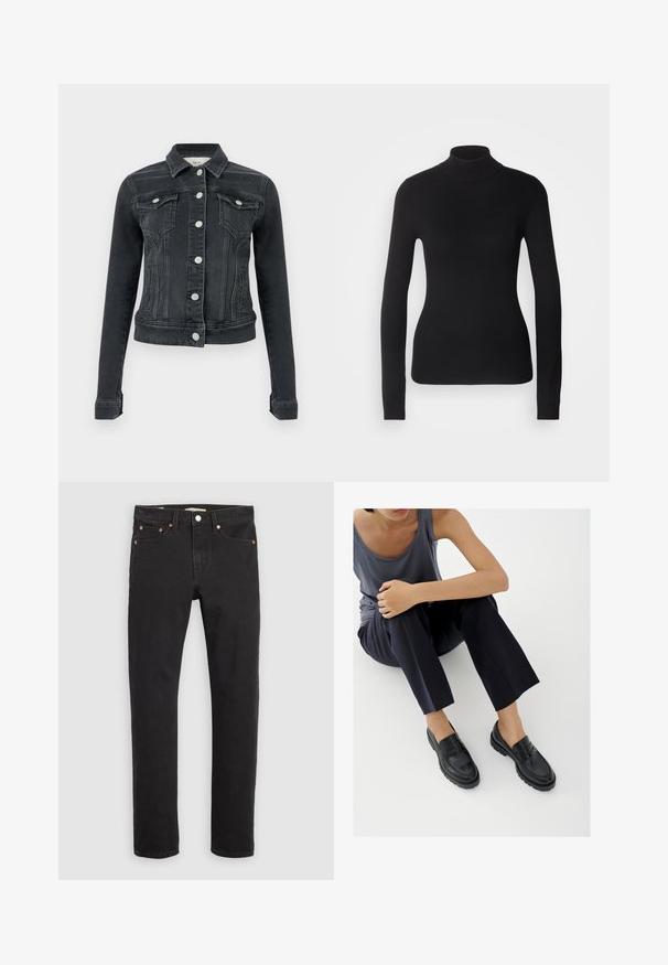 Veste en denim noire à manches longues, fermeture devant par boutons, deux poches à rabat sur la poitrine et poches fendues sur les côtés, présentée sur un fond uni.; Pull à col roulé noir en maille légère. Il possède des manches longues, une coupe ajustée et une texture côtelée douce.; Jean en denim noir avec une coupe droite, un design à cinq poches, des rivets en métal et des coutures contrastées. Texture lisse avec une coupe classique.; Mocassins en cuir noir avec accents texturés, talon bas, bout arrondi, et coutures visibles. Modèle portant un pantalon sombre et un haut gris.