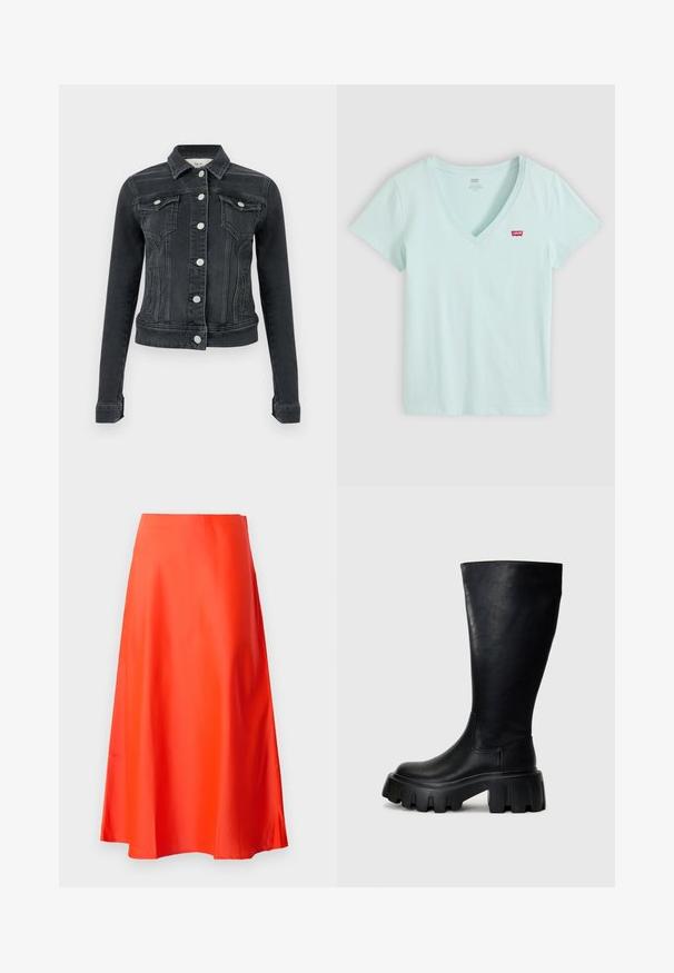 Sort denimjakke med lange ærmer, frontknaplukning, to brystlommer med klap og sidelommer med åbning, vist på en ensfarvet baggrund.; Lyseblå T-shirt med korte ærmer og V-hals med lille rødt Levi's-logo på venstre bryst, lagt fladt på en hvid baggrund.; Rød satin midi-nederdel med en glat tekstur, A-line silhuet og en subtil flare ved kanten. Ingen synlige mønstre eller pynt.; Sorte knæhøje støvler lavet af glat læder med en kraftig sål, der har en rund tå, elastiske sidepaneler og en subtil syning.