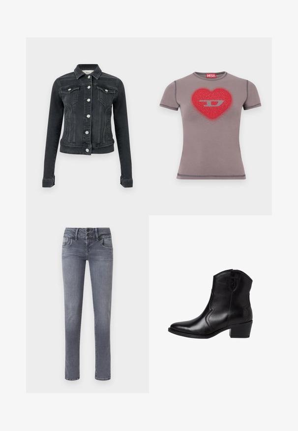 Schwarze Jeansjacke mit langen Ärmeln, vorderer Knopfleiste, zwei Brustklappentaschen und seitlichen Leistentaschen, vor einfachem Hintergrund dargestellt.; Eng anliegendes graues T-Shirt mit kurzen Ärmeln, rotem Herz und silbernem "D"-Logo, das mit kleinen Nieten auf der Brust verziert ist.; Schmal geschnittene graue Denim-Jeans mit fünf Taschen, Gürtelschlaufen und doppelt geknöpftem Verschluss an der Taille, flach auf weißem Hintergrund dargestellt.; Schwarze Leder-Stiefeletten mit einer spitzen Zehenform, geschwungenen Seitennähten und einem niedrigen Blockabsatz. Verfügt über einen Reißverschluss und eine glatte Textur.