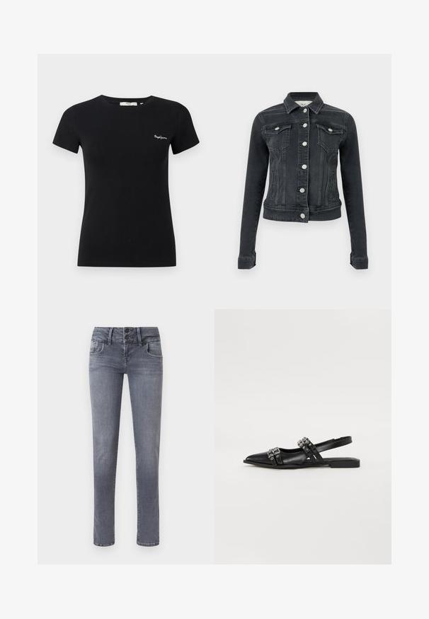 Schwarze Jeansjacke mit langen Ärmeln, vorderer Knopfleiste, zwei Brustklappentaschen und seitlichen Leistentaschen, vor einfachem Hintergrund dargestellt.; Schwarzes, tailliertes T-Shirt mit kurzen Ärmeln, Rundhalsausschnitt und kleinem weißem "Pepe Jeans"-Logo auf der linken Brust.; Schmal geschnittene graue Denim-Jeans mit fünf Taschen, Gürtelschlaufen und doppelt geknöpftem Verschluss an der Taille, flach auf weißem Hintergrund dargestellt.; Even&Odd by Zalando Sling-Ballerina - black