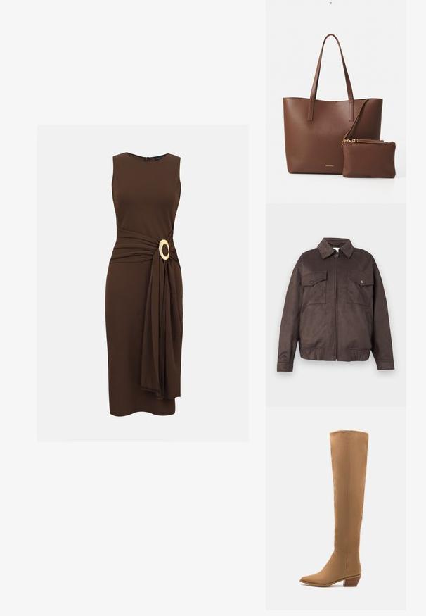 Donkerbruine suede jas met lange mouwen, puntige kraag, ritssluiting aan de voorkant, twee klepborstzakken met knopen en twee zijzakken.; Mouwloze donkerbruine midi-jurk met gedrapeerde stof die bij de taille is samengebracht, vastgemaakt met een grote ovale gouden gesp.; Kniehoge tankleurige laarzen gemaakt van een glad materiaal met een puntige neus en een lage gestapelde hak. Eenvoudig ontwerp, geen zichtbare patronen of accenten.; Bruine neplederen schoudertas met twee lange handvatten en een bijpassend klein pouch. Het oppervlak heeft een gestructureerd patroon en gouden hardware accenten.