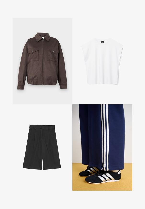 Veste en daim marron foncé avec des manches longues, un col pointu, une fermeture éclair à l'avant, deux poches poitrine à rabat avec boutons et deux poches latérales.; Haut court blanc sans manches à encolure ronde avec épaules larges et étiquette noire "B6" à l'intérieur du col.; Shorts noirs en lin à coupe décontractée, avec un devant plat, deux poches latérales et une fermeture à bouton à la taille.; Pantalons de survêtement navy avec trois rayures verticales blanches et des chaussures de sport noires avec des rayures argentées et une surface texturée. Sol jaune.