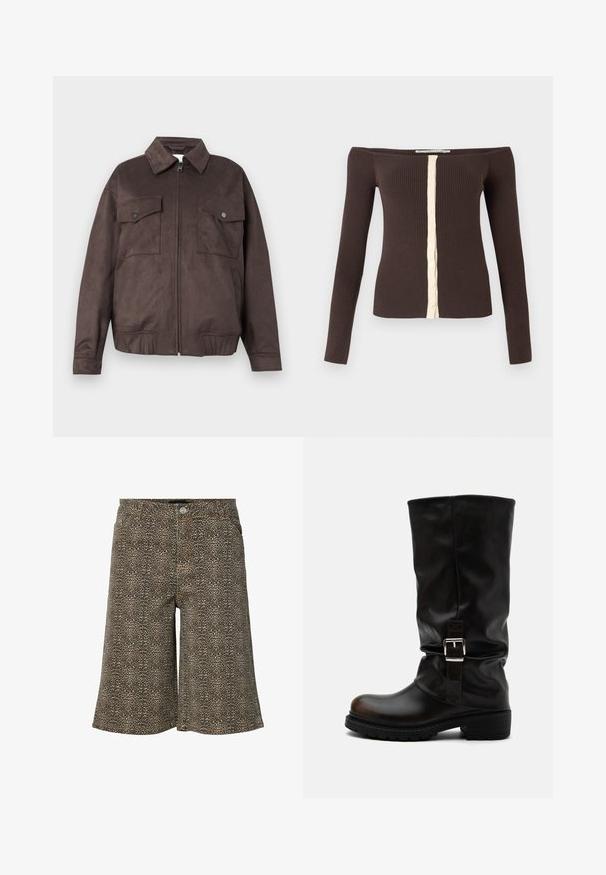 Veste en daim marron foncé avec des manches longues, un col pointu, une fermeture éclair à l'avant, deux poches poitrine à rabat avec boutons et deux poches latérales.; Haut côtelé à manches longues et épaules dénudées en marron foncé avec une patte de boutonnage crème au centre devant.; Short en denim imprimé léopard marron et noir avec fermeture à boutons sur le devant et passants de ceinture, longueur genou.; Botte haute en cuir noir avec bout arrondi, talon bas, bride à boucle latérale et tige légèrement relâchée sur fond blanc.