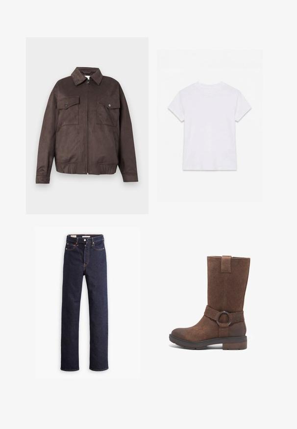 Donkerbruine suede jas met lange mouwen, puntige kraag, ritssluiting aan de voorkant, twee klepborstzakken met knopen en twee zijzakken.; Effen wit katoenen T-shirt met korte mouwen en ronde hals, plat gelegd op een witte achtergrond.; Donkerblauwe straight-leg denim jeans met vijf zakken en zichtbare oranje stiksels op een witte achtergrond.; Bruine suède hoge laars met een ronde neus, platte hak en een decoratieve band met een cirkelvormige metalen ringaccent.