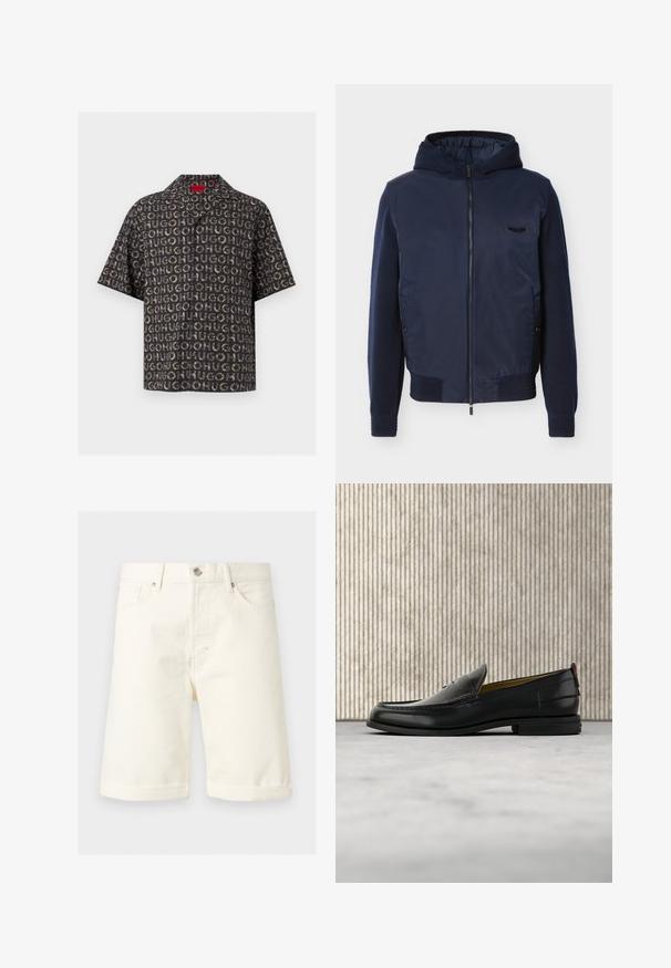 Veste à capuche zippée bleu marine avec poignets et ourlet côtelés, poches latérales, et petit emblème noir sur la poitrine gauche.; Chemise noire à manches courtes à boutons avec motif répétitif « HUGO » en tons gris et marron, étiquette rouge au col.; Short en denim couleur crème jusqu'aux genoux avec poches avant, passants de ceinture, fermeture par bouton et ourlets retournés.; Mocassin pour homme en cuir noir avec un dessus embossé effet croco et un petit talon, présenté de profil sur un fond neutre.